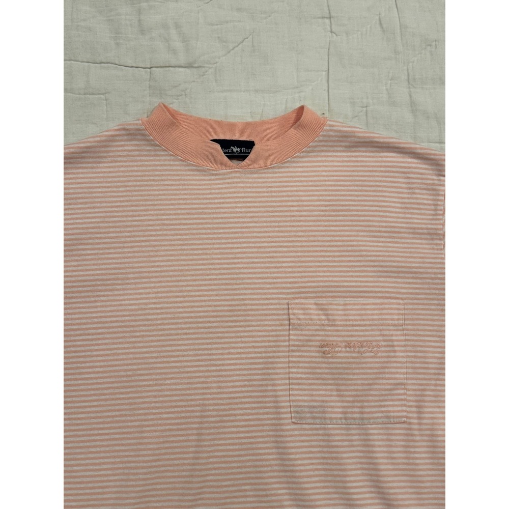Hunters Run Vintage Peach White Striped Pocket T-Shirt Split Crew Neck Mens L - Picture 2 of 5